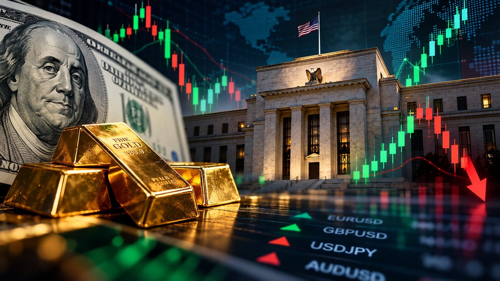 Ilustrasi gedung Federal Reserve, emas batangan, uang kertas dolar AS, dan grafik candlestick pasangan mata uang